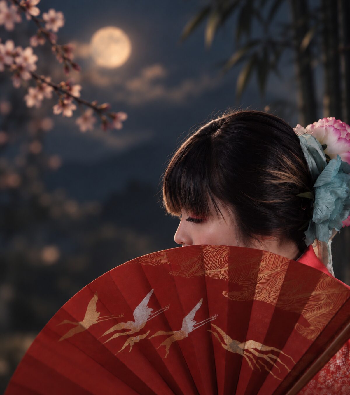 Kaguya: a dancer in a red kimono holds a red fan painted with cranes before her face, with a full moon, cherry blossom and bamboo behind her